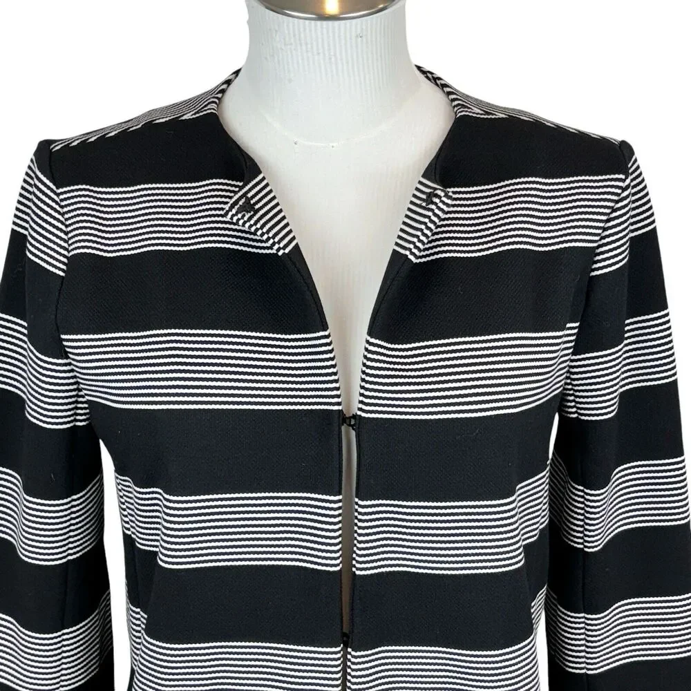 English Factory Sz S Black White Striped Long Sleeve Blazer Coat Hook Loop Close